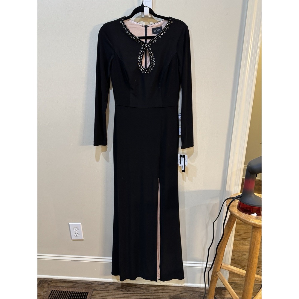 XSCAPE Women's Black Embellished Keyhole-Neck Long-Sleeve Gown Size 6 - Picture 2 of 9